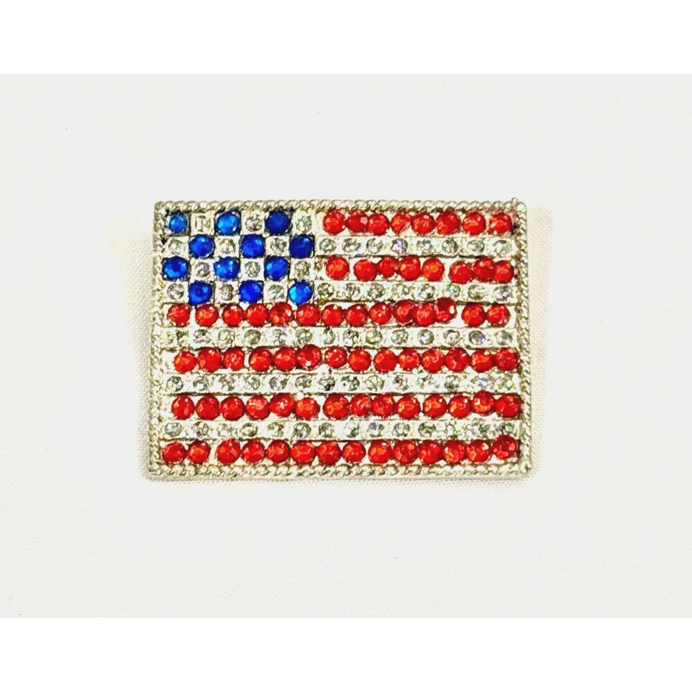 Vintage Patriotic American Flag Brooch Red White Blue Rhinestone USA Lapel Pin
